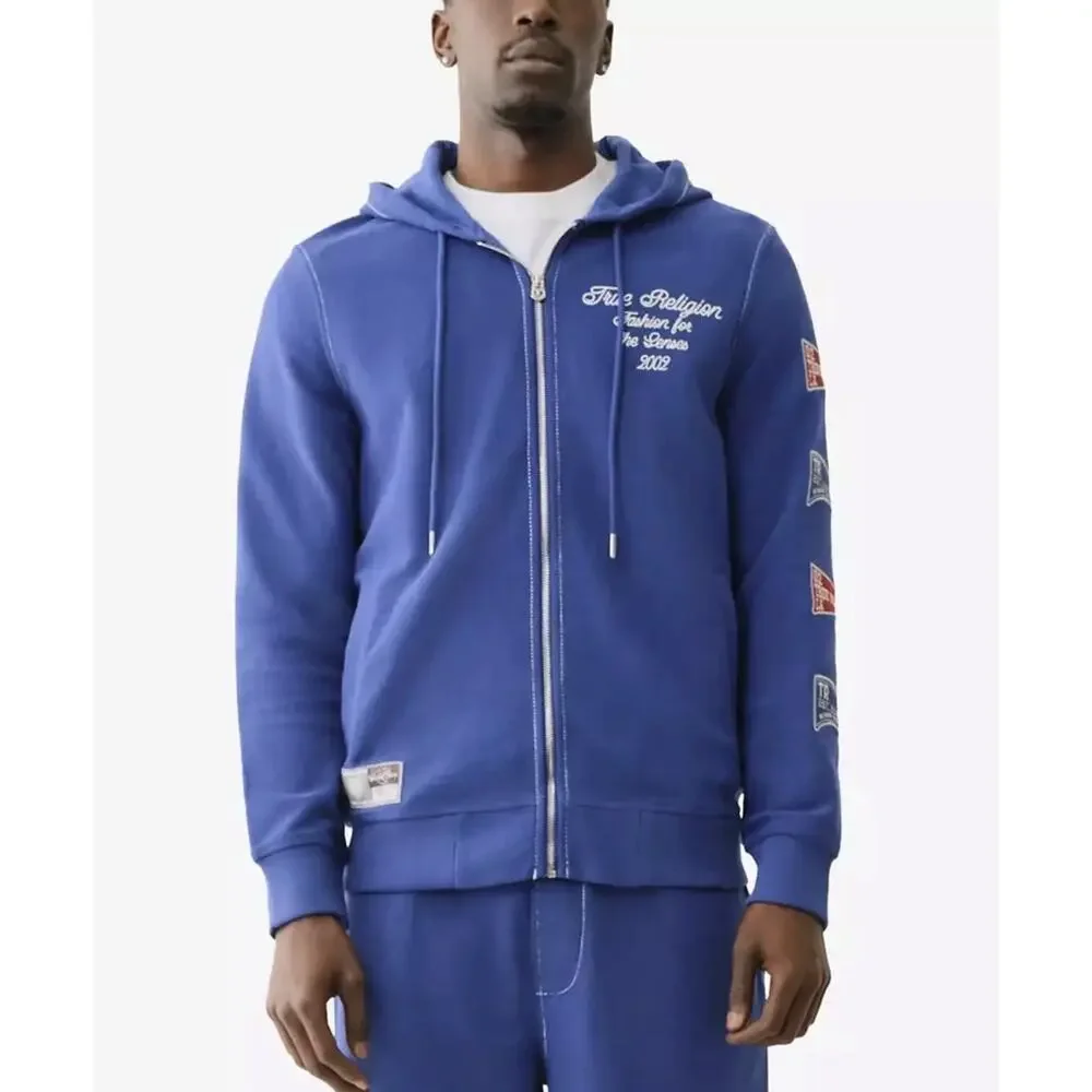 True Religion Hoodie Mens Large Blue Reverse Terry Zip Up Sweatshirt NWT